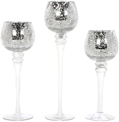 Hosley Set of 3 Crackle Metallic Glass Tealight Holders 12 Inch, 10 Inch, 9 Inch Elegant Home Decor for Ambient Lighting and Stylish Centerpieces and Gift by HOSLEY