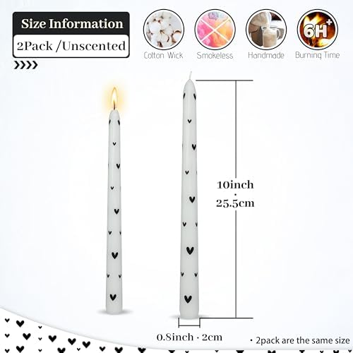 Black Little Heart Printed Taper Candles Smokeless - 2 pcs Handmade White Taper Candle Uncented Candle 10 inches Long Printed Tapered Candles for Home Party Wedding Restaurant Holiday Decor - Image 2