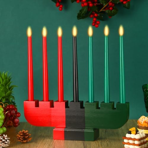 VIHOSE Kwanzaa Kinara Set Kwanzaa Dripless Taper Candles Set 3 Red 3 Green 1 Black Kwanzaa Wooden Candle Holder Battery Operated Kwanzaa Taper Candles LED Candles for Kwanzaa Table Centerpiece Decor by VIHOSE