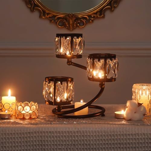 Metal 3 Arm Crystal Candle Holder - Tea Light Centerpiece Candle Holder, Votive Holder with Sparkling Crystal Bowl, Suitable for Wedding, Table Centerpiece, Home Decor (1, 3 arm-Black) by KOLNLALA