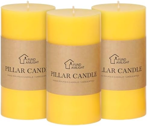 3x6 Inch Yellow Pillar Candles Set of 3 - Unscented Summer Pillar Candles by FUNDAMLIGHT
