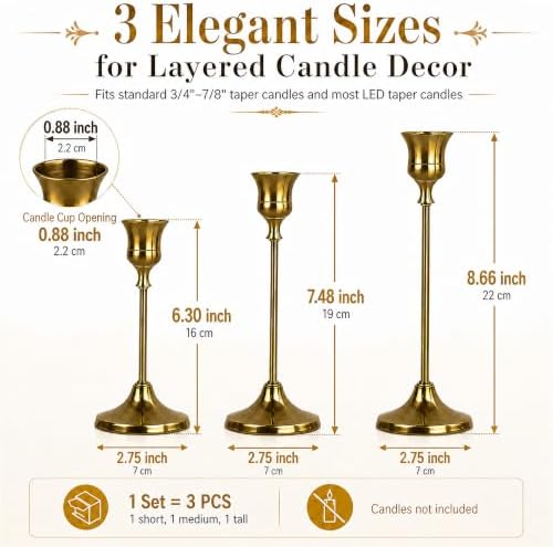 Brass Taper Candle Holders 2 Sets(6 Pcs) - Tall Metal Candlestick Holders for Table Centerpiece, Formal Dinner, Wedding, Fireplace Mantel Decor, Fits 3/4 Inch Thick Candles - Image 3