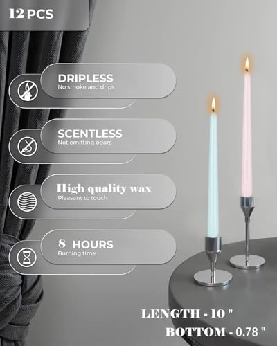 10 Inch Colored Spell Taper Candles-Dripless Unscented Chime Tapered Candle Smokeless Candlestick Long Slow Burning 8 Hours Tall Sticks for Birthdays Christmas Dinner Parties 12 Pack - Image 2