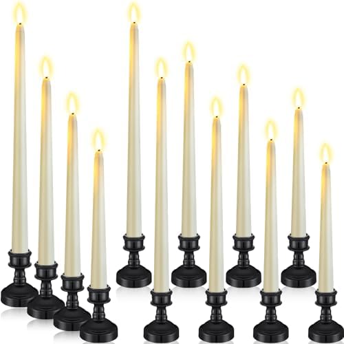 Rossesay 12 Pcs LED Taper Candles Holders, Black Holder & Ivory Candles by Rossesay