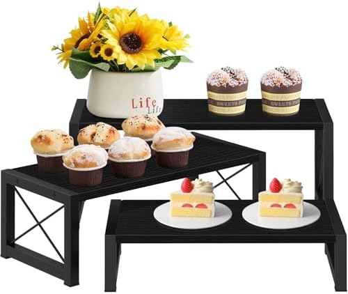 ELITEROO Black 3-Tier Wooden Cupcake and Dessert Display Stand, Multi-Tier Riser for Cupcakes, Food, Perfume, Makeup, Dolls, Collectibles, and Market Vendor Retail Shelf Organizer by ELITEROO