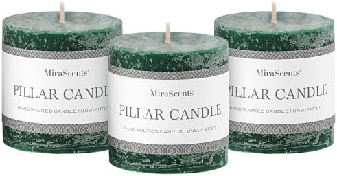 3x3 Inch Dark Green Pillar Candles Set of 3 - Hand-Poured Unscented Candles, Long Clean Burning, Dusty Sage Candle, Smokeless Dripless Candle for Dinner Table, Wedding, Home, Rustic Decor by MiraScents