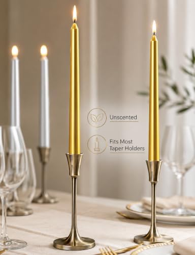 10 Inch Metallic Taper Candles - 6 Gold and 6 Silver, 7-8 Hrs Long Burning, Dripless Smokeless Unscented Candlesticks, Premium Wax Blend for Wedding Christmas Dinner Parties and Luxury Home Decor - Image 4