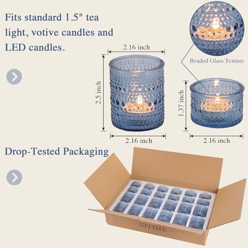 NITIME Blue Glass Votive Candle Holders Set of 24, Assorted Heights Polka Dot Tealight Candle Holders for Table Centerpiece, Blue Candle Holder Decor for Wedding, Baby Shower Party & Spa - Image 3