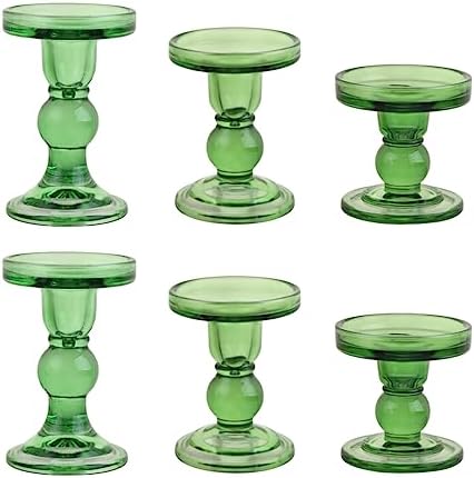 6-Piece Set of Green Glass Candlestick, Crystal Candlestick Holder Holder and Conical Candle, Christmas Candle Holder Decoration, Family Living Room Wedding Candle Holder (green2sets) by BTGLLAS