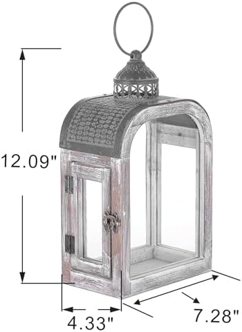 11" High Farmhouse Decorative Lanterns Set, Glass and Metal, Distressed White Wood Finish, Vintage Metal Top, Indoor Outdoor Candle Holders (Rustic White, 7"X4") - Image 2