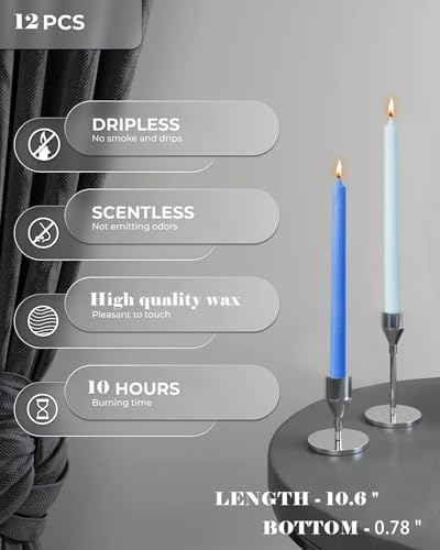 Blue Taper Candles Tall Tapered Candlesticks Smokeless Unscented Long Burning-Hand Poured,Colored for Home Decor Wedding, Dinner-10.6inch,Set of 12 - Image 4