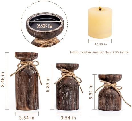 Farmhouse Wooden Candle Holders for Pillar Candles, Brown Distressed Set of 3 Rustic Wood Pillar Wood Candle Stands with Hemp Rope Bow Table Centerpiece Decor for Fireplace, Living, and Dining Room - Image 2