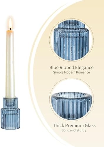 Romadedi 2-Pack Blue Ribbed Glass Taper Candle Holders, 2.76 in - Image 6