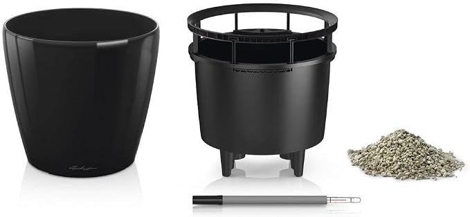 Lechuza Classico LS 28 Black High Gloss, Self-Watering Round Planter, D11 H10.2 in