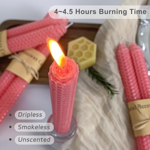 Lacaser Natural Beeswax Taper Candles Bulk Set,9" Long Candlesticks, Dripless & Unscented, 4 Hour Burn Time, Light Pink, 12 Pack - Image 3