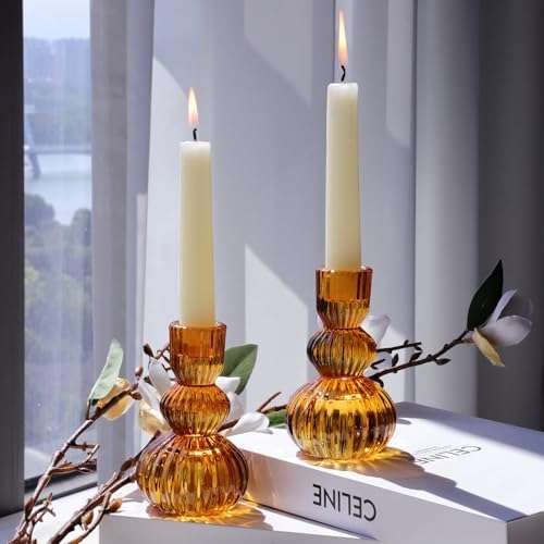Woho Amber Candlestick Holders Set of 6 4.3" H for Thanksgiving/Fall Decor - Image 2