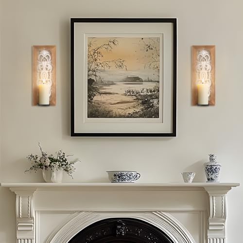 Wall Candle Sconces Set of Two, Rustic Wood Candle Sconce Shabby Chic Wall Decor, Distressed Carved Brown Wooden Wall Candle Holder for Farmhouse, Bedroom, Fireplace, Brown - Image 5