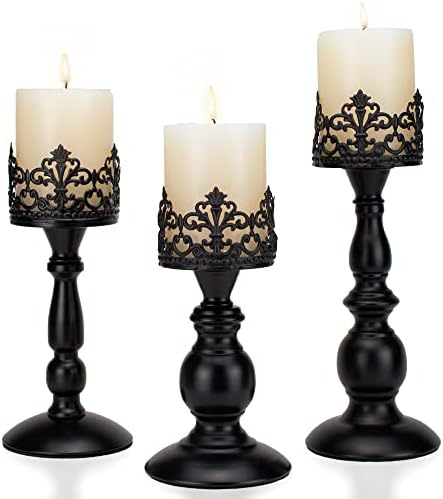 BANOMII Vintage Pillar Candle Holders for Table Centerpiece Set of 3-11'' 9'' 8'' - Matte Black Metal Candle Stands Decorative - Candle Centerpiece for Table Fireplace Decor - Gothic Candle Holder by BanomiiHome