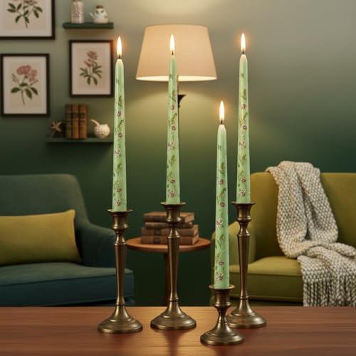 Scandinavian Tall Candle 10 in Green Printed Taper Candles Hand Printing Candlesticks Unscented Smokeless Tapered Candle Sticks for Home Decor Rustic Wedding Simple Modern, 4 Pack - Image 2