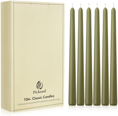 New Burning Formula Unscented Dripless 10-Inch Taper Candles Set of 12 - Olive Green, for Wedding, Dinner - Smokeless, Long Burning - Hand Poured, Colored Tall Candlesticks - Verde Oliva by Unknown