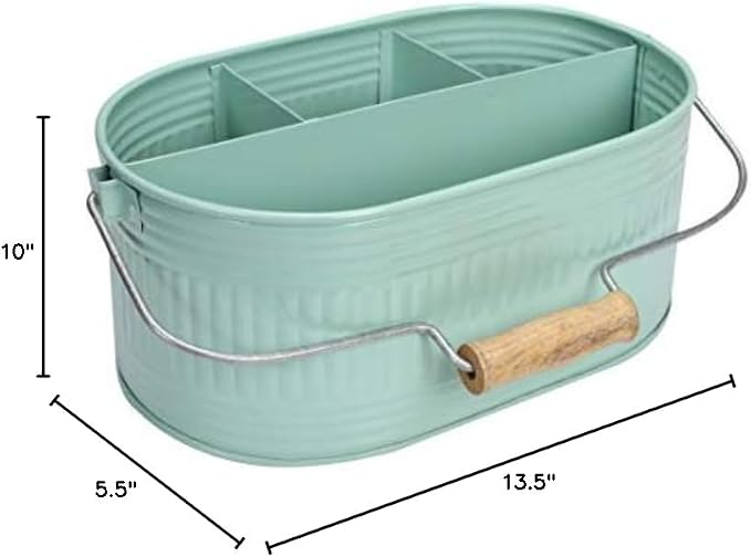 Alpha Living Home Farmhouse Utensil Caddy Carry-All Serveware-Galvanized Metal Organizer for Kitchen Counter-Comfort Wooden Handle In/Outdoor Storage For Flatware,Condiments,Party Cutlery,Arts-TEAL
