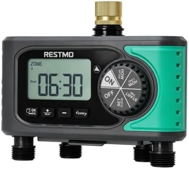 RESTMO 4-Zone Sprinkler Timer, Brass Inlet Programmable Water Timer for Garden Hose, Automatic Digital Irrigation with Manual ON/Off & Rain Delay for Lawn, Drip System & Outdoor Faucet