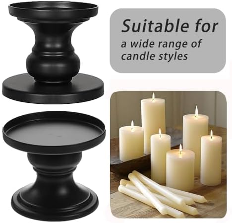 Matte Black Iron Pillar Candle Holders - Set of 2 Candlestick Holders, Metal Candle Holder for Pillar & Taper, Table Mantle Fireplace Farmhouse Home Decor - Image 2
