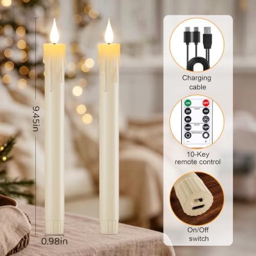 2Pcs Rechargeable Flameless Taper Candles - Battery Operated Window Candles - Image 6