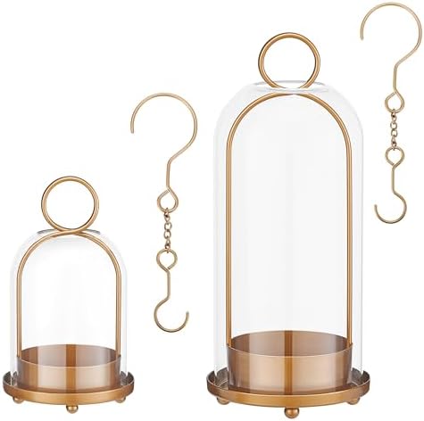 Hurricane Glass Candle Holders for Pillar Candles Set of 2 (5" & 4" Wide), Gold Metal Candlestick Holders, Modern Decorative Centerpiece Lanterns for Table Mantel Wedding Housewarming Gift by ECLSDL