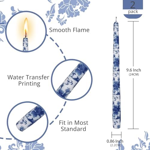 NJAO HOO Candlesticks 10 in Straight Taper Candles Hand Printed Blue and White Candlesticks Unscented Tall Tapered Candle Sticks for Home Garden Decor - Image 3