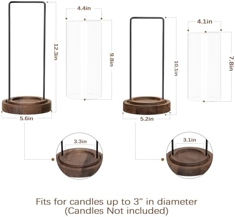 Houmury Farmhouse Candle Holder Decor Boho Glass Hurricane Lantern for Table Centerpieces Set of 2 Decorative Wood Metal Candle Holders for Living Room Dining Patio Home Decoration (Brown) - Image 3