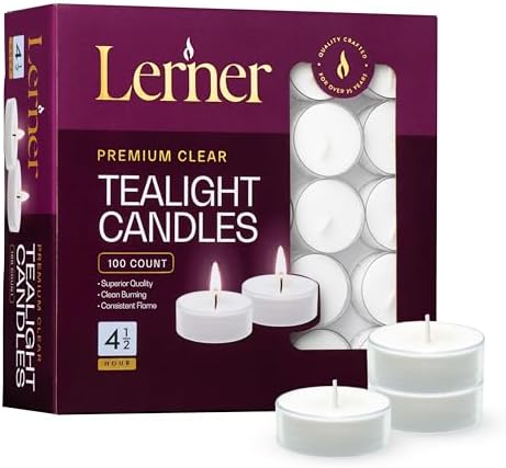 Lerner Clear Tea Lights Candles Bulk - 4.5 Hour Clear Cup Tealight 100 Pack - Consistent Smkless Clean Burning - Holiday, Wedding, Spa, Emergency and Home Decoration Candles by Lerner+Candles