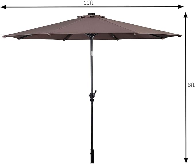 HAPPYGRILL 10FT Patio Umbrella with Lights Outdoor Solar Powered Sunbrella with Tilt Crank Umbrella for Garden Poolside Backyard Beach
