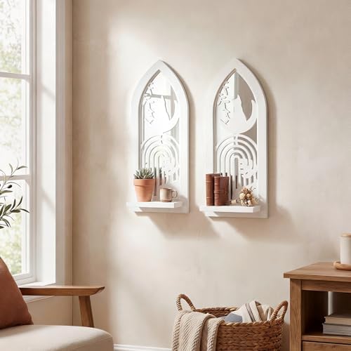 ZEXUIRU 2 Set Rustic Candle Sconces Living Room Bedroom Entryway Wood Mirrored, Farmhouse, Carved Frame Wall-Mount Wooden Candle Holders Wall Decor Hanging Handmade Holder - Distressed White by ZEXUIRU