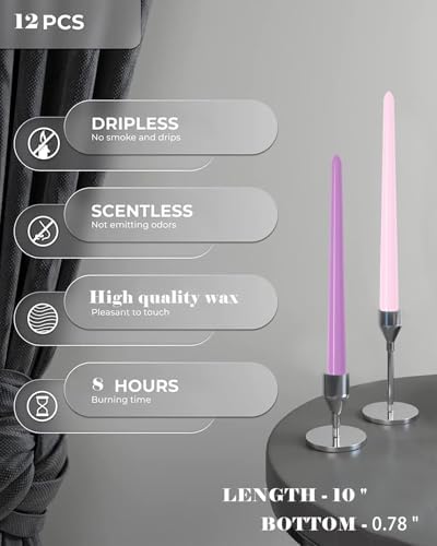 10 Inch Purple Taper Candles-Dripless Unscented Spring Tapered Candle Smokeless Candlestick Long Slow Burning 8 Hours Tall Sticks for Christmas Wedding Dinner Parties 12 Pack - Image 2