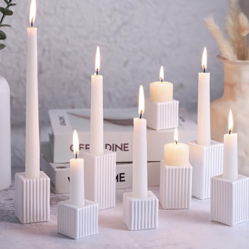 LETINE 12pcs White Vertical Stripe Glass Candlestick Holders - Chic Taper Candle Sticks Holder Set for Elegant Dining & Home Decor - Ideal for Wedding Centerpieces, Parties, and Celebrations by LETINE