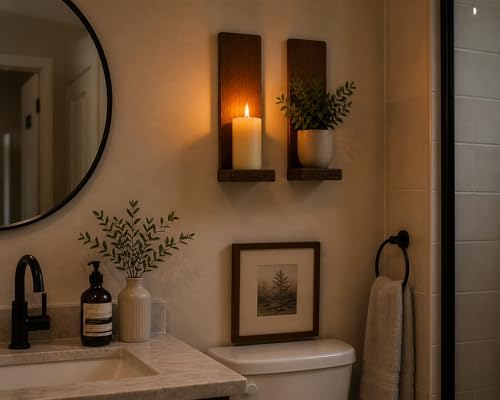 Wall Candle Sconces Set of 2, Rustic Wood Farmhouse Wall Decor, Vintage Brown Candle Holders for Living Room, Bedroom & Hallway - Image 4