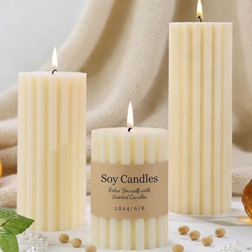 Ribbed Soy Pillar Candles,Set of 3,Cashmere Amber Scented by ginitiri