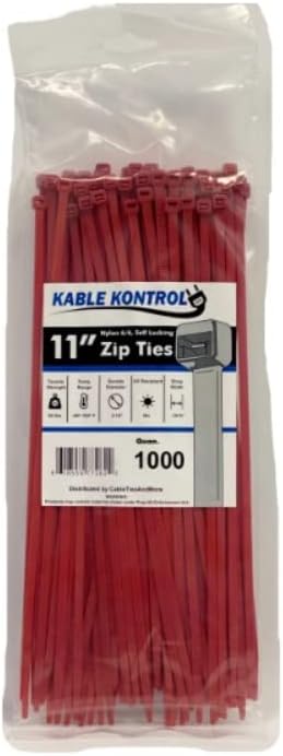 Kable Kontrol Red Zip Ties 11 Inch 1000 Pcs, 50 Lbs Tensile Strength, Self-locking Nylon Colored Cable Ties Wire Wraps for Indoor or Outdoor Use