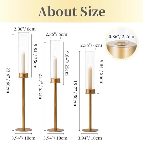 Hewory Gold Candlestick Holders: 3PCS Glass Hurricane with Tall Brass Base - Image 4