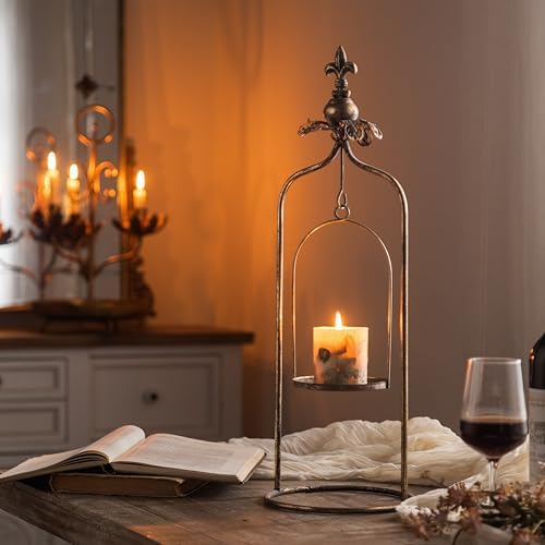 23" Large Vintage Gothic Candle Holder, Handcrafted Distressed Metal Iron Candlestick for Pillar Candles up to 4.5", Antique Farmhouse Fireplace Mantel & Table Centerpiece Decor for Living Room by NOONEAU