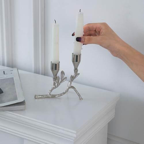 Modern Silver Tealight Tree Branch-Inspired Dual Metal Leaf Candle Holder 5.12"x4.57" Alloy Steel candlesticks Taper for Tables top Centerpiece Home Decor (Silvery) - Image 2