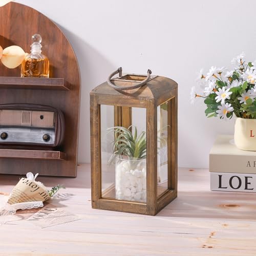 11" High Wooden Lantern Made of Solid Firwood in Handpainted Mediterranean Brown with Metal Handle,Hurricane Lantern, Farmhouse Lantern for Party, Deck, Front Porch (1, Brown, Small) - Image 4