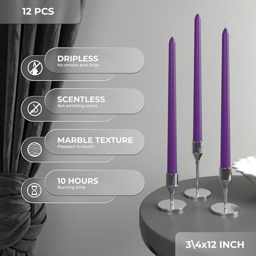 CANDWAX 12 inch Purple Taper Candles Set of 12 - Unscented Smokeless Dripless Tapered Candle Sticks - Taper Candlesticks for Special Occasions and Ordinary Dinners - Purple Tapered Candles - Image 3