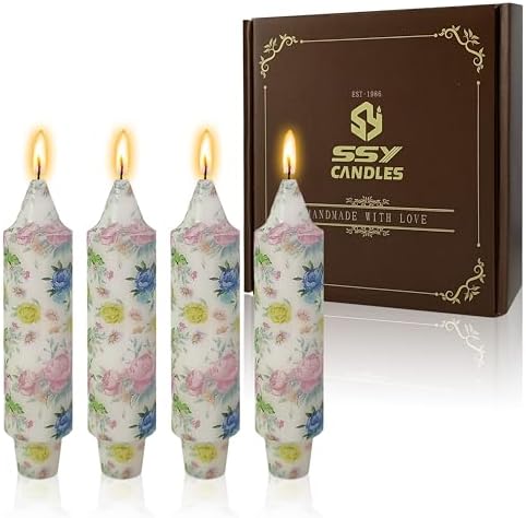 5 inch Short Candle Floral Candle Sticks Printed Candlestick Handmade Unscented Taper Candle 4 Pack Beautiful Flower Tapered Candles for Home Dinner Wedding Holiday by XINAOBAOLUO