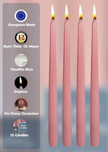 Hyoola 12 Pack Tall Taper Candles - 14 Inch Rose Pink Dripless, Unscented Dinner Candle - Paraffin Wax with Cotton Wicks - 12 Hour Burn Time - Image 3