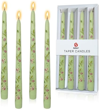 Scandinavian Tall Candle 10 in Green Printed Taper Candles Hand Printing Candlesticks Unscented Smokeless Tapered Candle Sticks for Home Decor Rustic Wedding Simple Modern, 4 Pack by XINAOBAOLUO