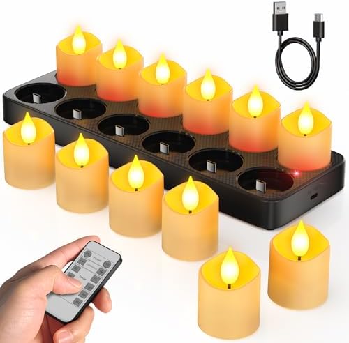 SoulBay Flameless Candles with Remote Timer & Charging Base, 12pcs USB Rechargeable Battery Flickering LED Small Votives Lights for Table Dinner Weddings Holidays General Decor, No Battery Required by SoulBay