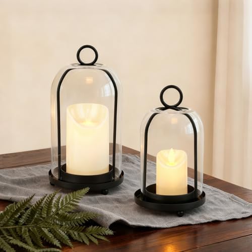 Glass Hurricane Candle Holder Decorative Black Metal Pillar Candle Lantern by VIVIRENOIR