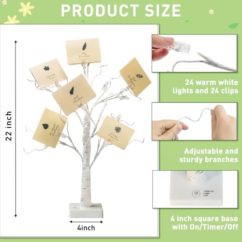 EAMBRITE Money Tree Gift Holder, Gift Card Tree 2FT 24LED, Lighted Birch Trees Battery/USB Powered Timer Photo Display with 24 Clips and 12 Cards for Home Graduation Christmas Picture Memo 2 Pack - Image 5